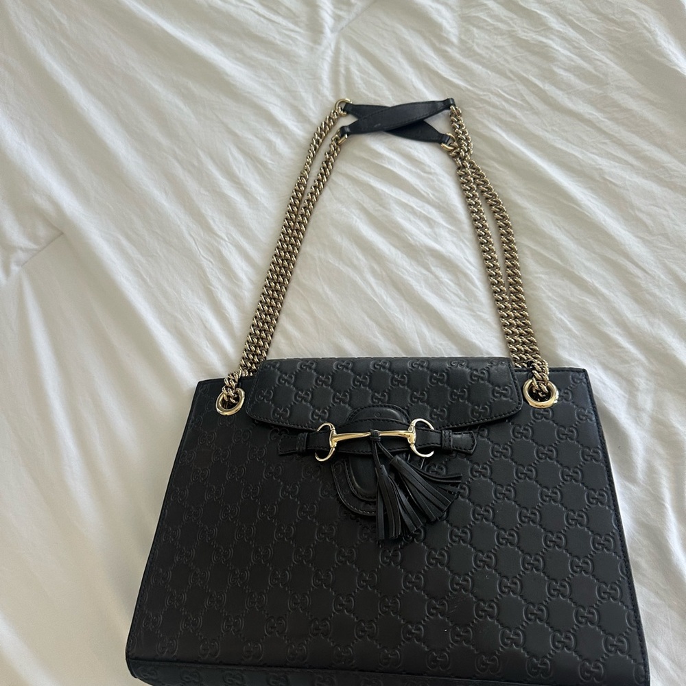 Gucci Black Embossed Shoulder Bag with Gold/silver Chain